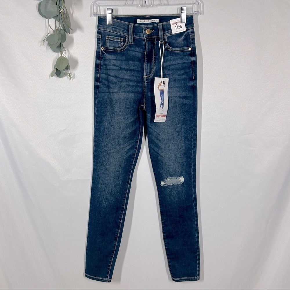 NWT Celebrity Pink | Curvy Skinny Hi-Rise Blue Distressed Jeans Size 1/25